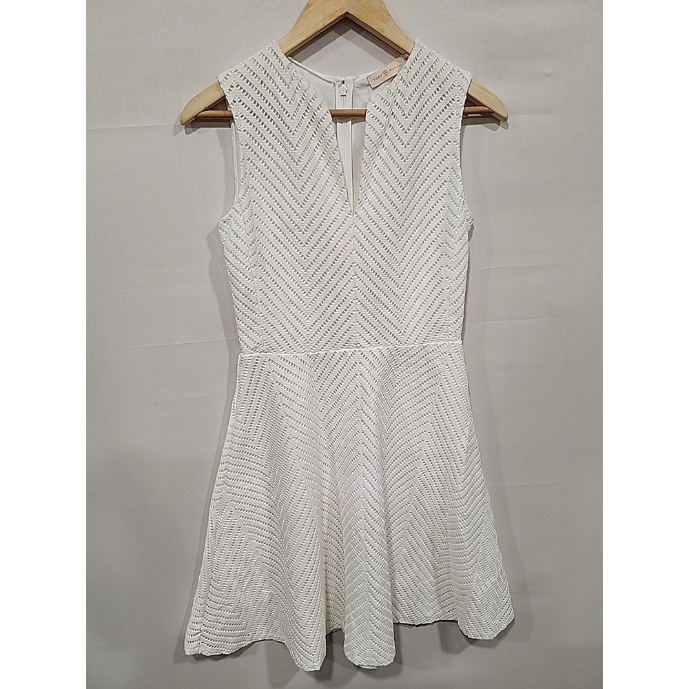 Tory Burch White Sleeveless Eyelet Fit & Flare Dress XS/TP, A-line Hidden Zipper